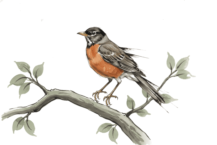 Ink drawing of an American robin perched on a bare branch.